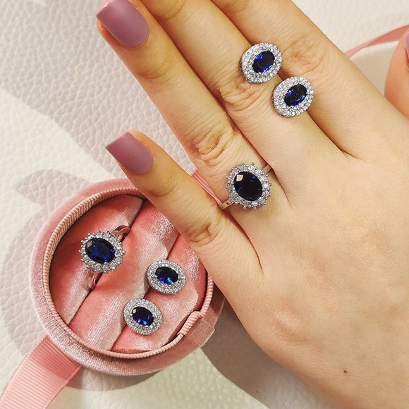 NEW SET 925 Sterling Silver Sapphire Earrings+Ring - Picture 3 of 10